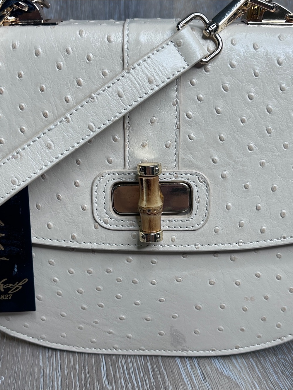Sharif Legacy Cream Ostrich Lambskin Leather Bamboo Handle Satchel w/Dustbag NWT - Picture 6 of 16